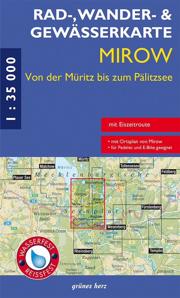 Rad-, Wander- und Gewässerkarte Mirow - von der Müritz zum Pälitzsee mit Eiszeitroute